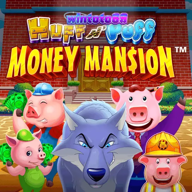 Tampilan visual mesin slot Huff N Puff Money Mansion dengan simbol babi dan rumah